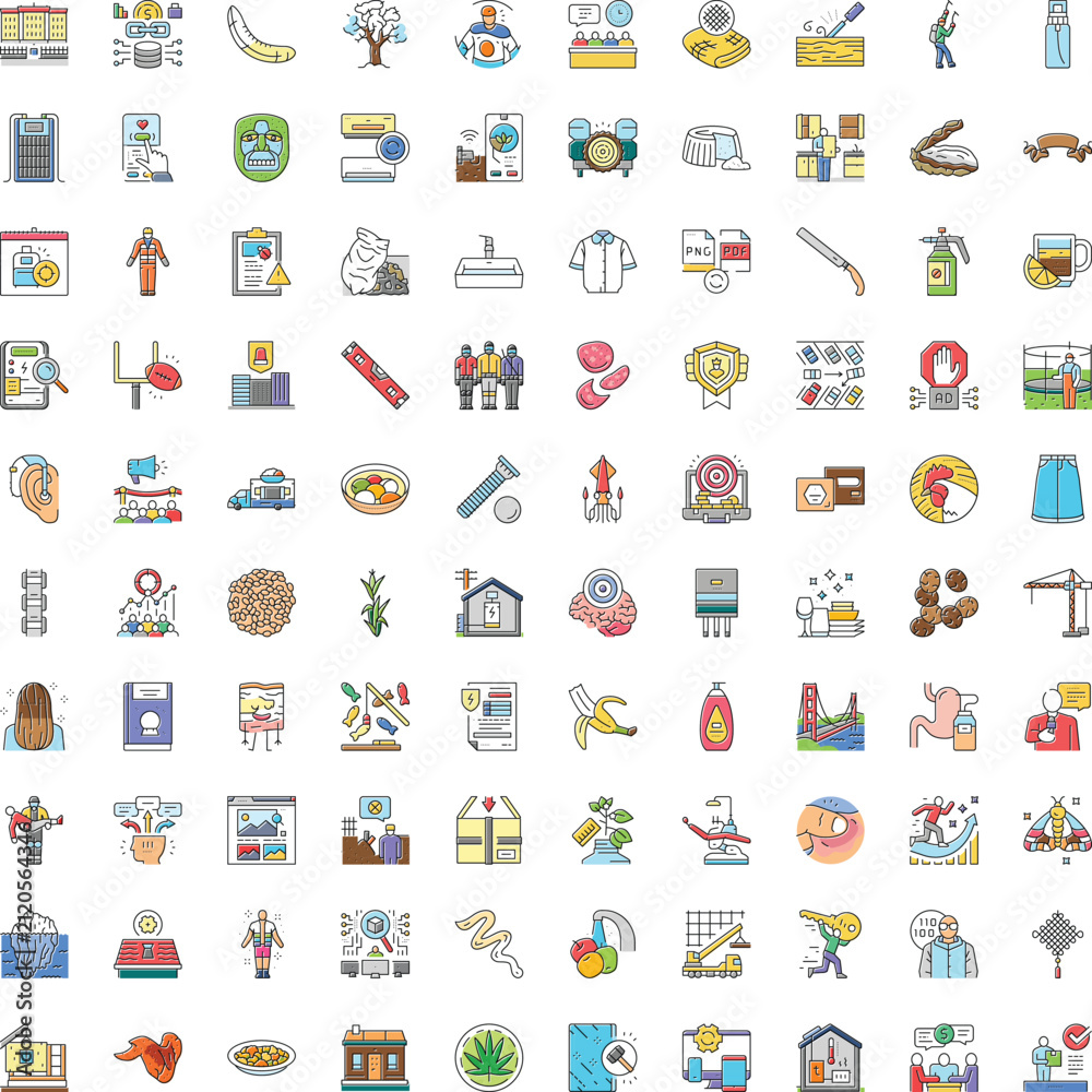 Naklejka premium Large grid displaying a wide range of colorful outline icons illustrating elements from business, technology, nature, food, healthcare, and everyday objects, offering versatile design assets