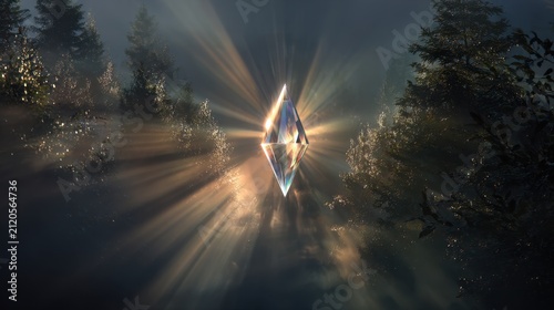An ethereal scene showcasing a sun-refracting crystal hovering gracefully in mid-air, enveloped by radiant beams of light piercing through a densely wooded forest. The atmosphere is imbued with a mag