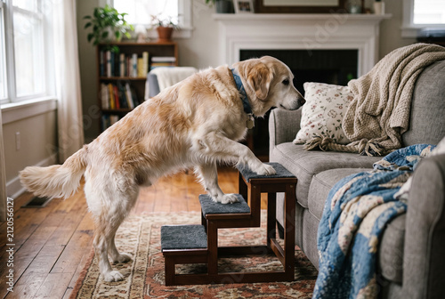 A dog is climbing on small steps to get onto a couch in a warm living room. The space has bookshelves and plants, creating a homey atmosphere