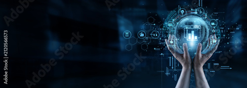 Digital marketer and owner holding hands tracking Web Analytics traffic network dashboards to monitor online user behavior. Smart digital partnerships successfully drive online sales forward.