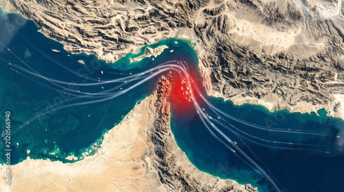 Satellite Concept View of Strait of Hormuz Red Hotspot Chokepoint and Maritime Trade Flow Crisis