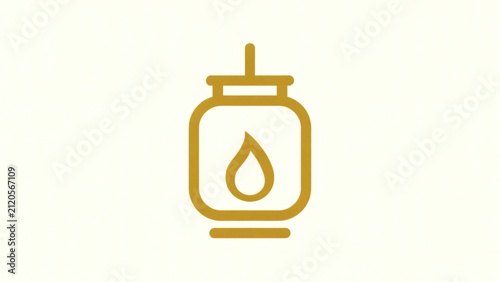 Minimalist golden oil lamp icon with flame symbol on white background with displays minimalist golden outline