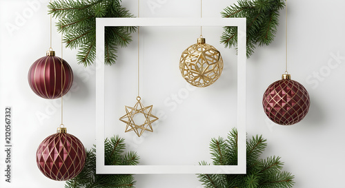 Minimalist Christmas Ornaments Hanging with Pine Branches and White Square Frame for Seasonal Holiday Greeting Card Background