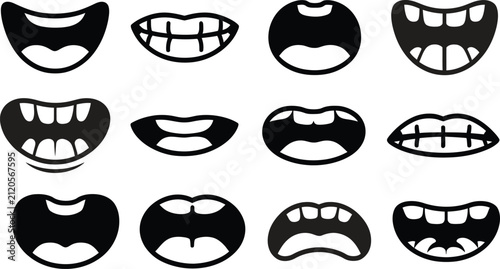 Cartoon mouth vector illustration icon set, collection of different emotions and expressions.