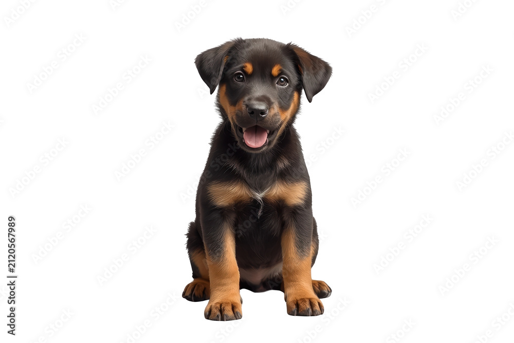 Fototapeta premium Sitting black and tan puppy with open mouth