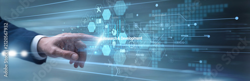 Fotografía Chief scientist precisely touching digital holographic screen leading Research & Development across the collaborative scientific network