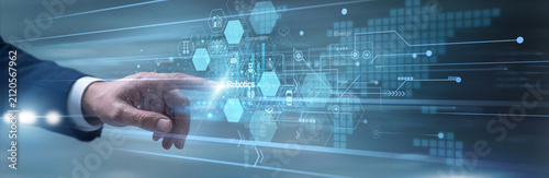 Mechanical engineer skillfully touching virtual interface monitoring advanced Robotics over the manufacturing control network system. Technician adjusting automated machine assembly lines.
