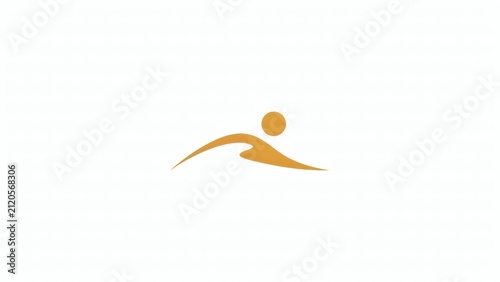 Minimalist golden abstract human figure swimming symbol isolated on plain white background with simplified golden graphic