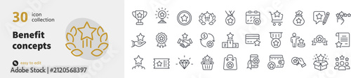 Set of 30 linear benefit and reward business icons with business incentive marketing corporate strategy