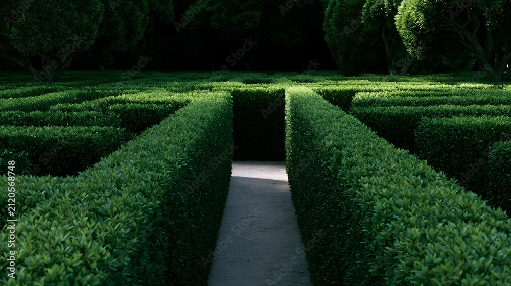 Naklejka premium A narrow path winds through a dense hedge maze under d d sunlight surrounded by tall trees and lush greenery