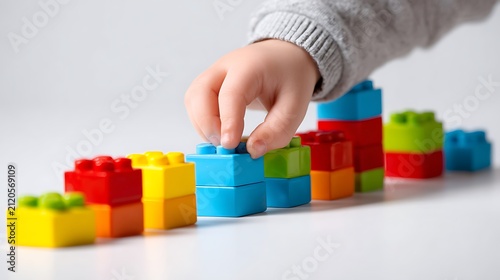 A chid playing with colordful blocks.