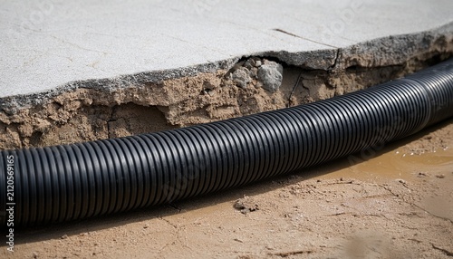 a black soil suction pipe used for radon mitigation installed through a crack in a concrete floor