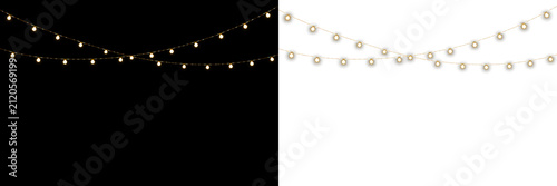 Foto Outdoor festoon lights with glowing bulbs hanging in elegant curved rows for eve