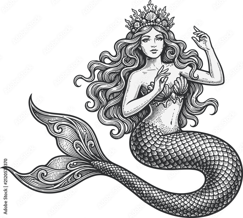 Fototapeta premium Mermaid with crown illustration. Mythical sea creature in vintage ink style.