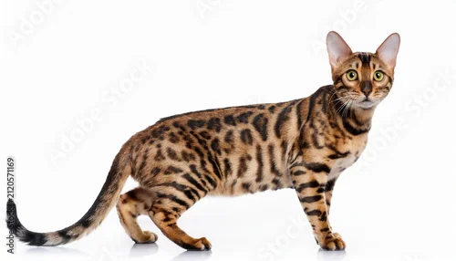 Fototapeta na wymiar bengal cat standing alert isolated on a white background