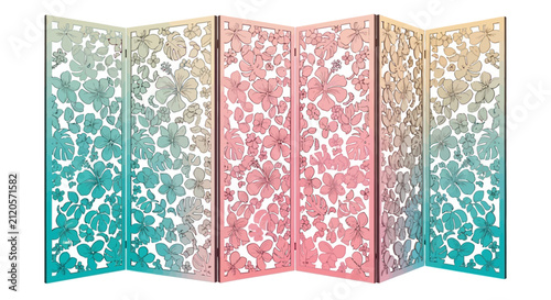 A decorative folding screen features a vibrant floral cutout pattern
