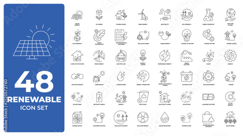 Renewable energy set, 48 linear symbols featuring solar panels, wind turbines, and sustainable power