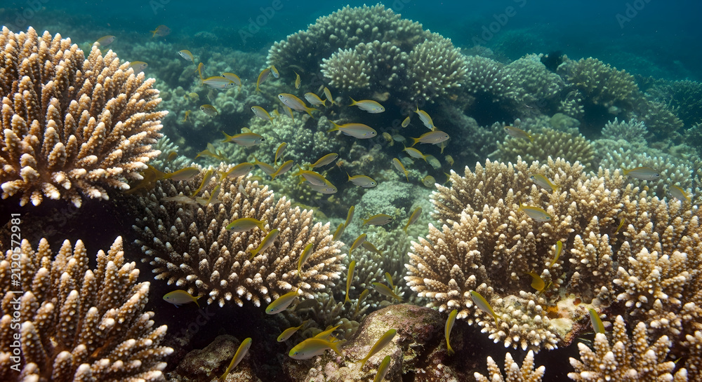 Obraz premium Vibrant Underwater Ecosystem Featuring Diverse Tropical Fish Swarming Among Intricate Hard Coral Formations In A Shallow Marine Reef Habitat