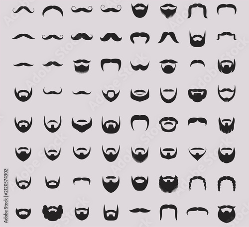 Collection of various black mustache and beard facial hair styles for men, grooming shapes, set on a light gray background