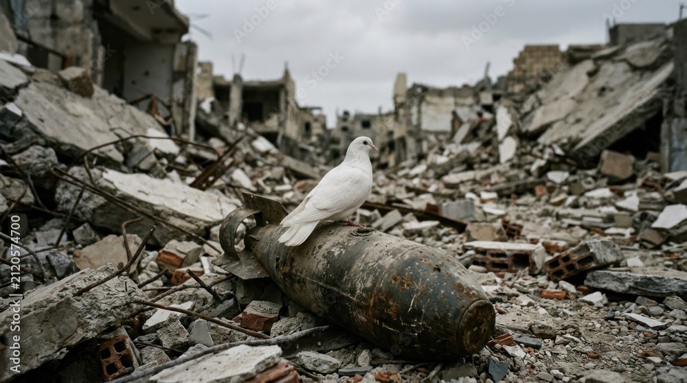 Obraz premium Dove of Peace Perched on Unexploded Bomb Amidst WarTorn City Ruins.