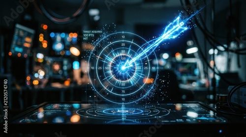 Futuristic Holographic Target with Arrow in Digital Interface.