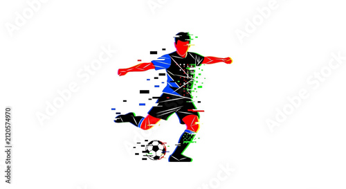 A digital illustration of a soccer player kicking a ball
