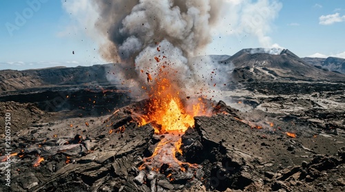 Volcanic Eruption Spewing Lava and Smoke in a Barren Landscape.