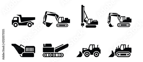 Heavy Construction and Earthmoving Equipment Silhouette Icons Set,