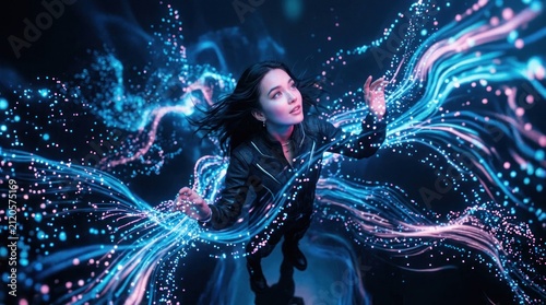 Young Woman Immersed in Futuristic Digital Energy Flow.