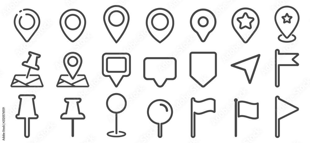 Fototapeta premium Location and pin icon set with map markers and flags. Navigation and geolocation symbols on transparent background.