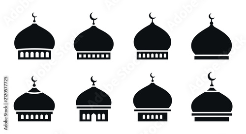 Islamic Mosque Dome with Crescent Moon and Arches Icon - Black Silhouette