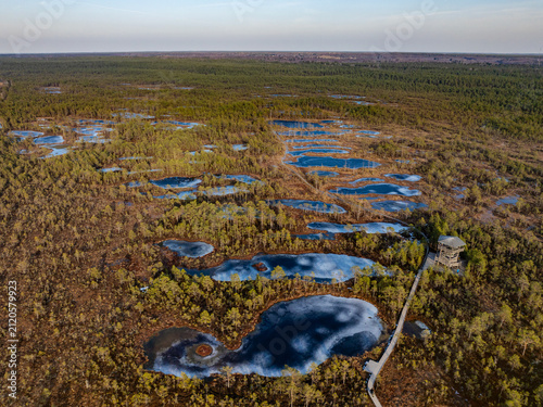 Foto Aerial drone photo of Viru Bog (Viru Raba) in Lahemaa National Park, Estonia, showcasing the iconic Viru observation tower, winding wooden boardwalk, partially frozen bog pools, pine forest