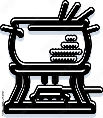 Fondue pot standing on a burner, filled with melting cheese, forks ready for dipping various pieces of food, creating a warm and communal dining experience