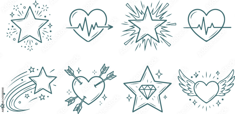 Fototapeta premium Set of star and heart symbols with creative designs for tattoos or stickers shooting stars lightning bursts and romantic elements.