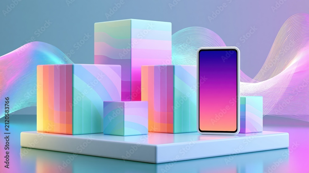 Fototapeta premium Delivery boxes and blank smartphone on glossy platform with holographic commerce waves