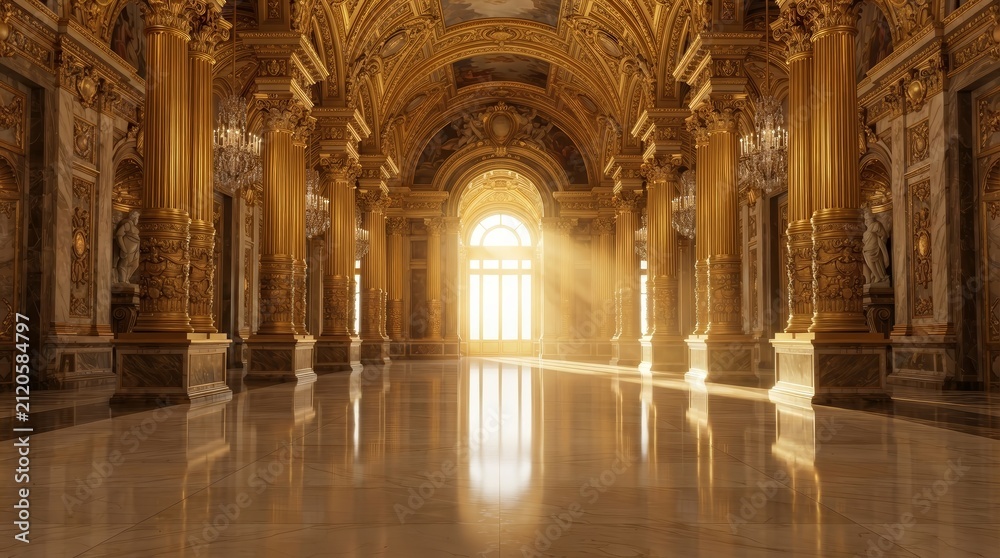Obraz premium Majestic grand perspective of a golden hall with reflective marble floors and sunlight streaming through an archway.