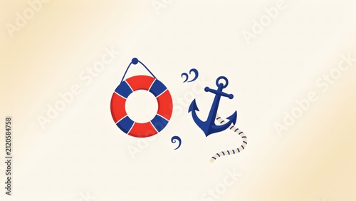 Nautical theme with anchor and lifebuoy on vintage background with red blue lifebuoy anchor beige background
