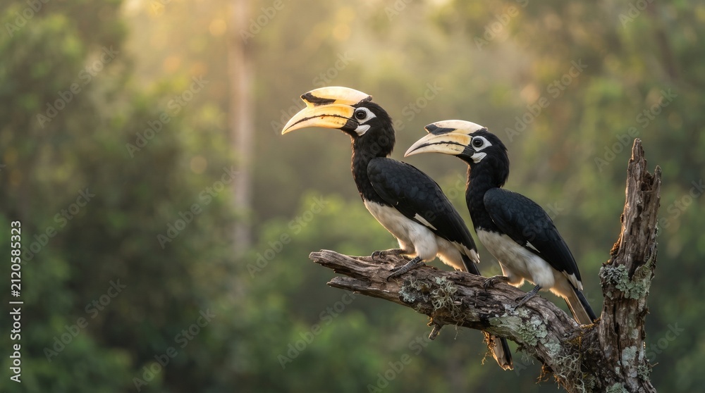 Obraz premium Malabar Pied Hornbill (Anthracoceros coronatus) Perched in a Tropical Forest – Striking Black-and-White Hornbill