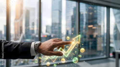 Executive hand interacts with a rising financial trend arrow displayed in a high-rise office environment.