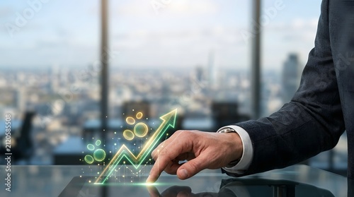 Executive touches a floating digital arrow and coin icon representing business financial success.
