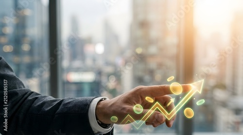 Executive touches a floating financial chart to analyze market growth and investment performance trends.