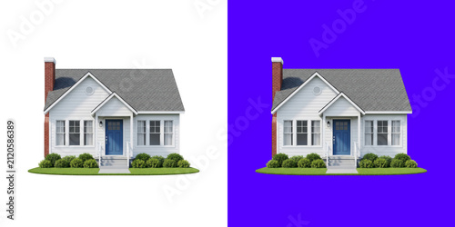 Small suburban cottage house with gray roof and blue door front view transparent png
