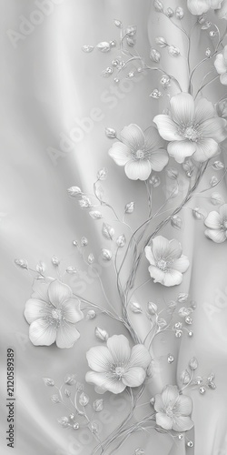 Monochrome Elegant Floral 3D Wall Art with Intricate Blooming Flowers on Silk Texture for Sophisticated Interior Design