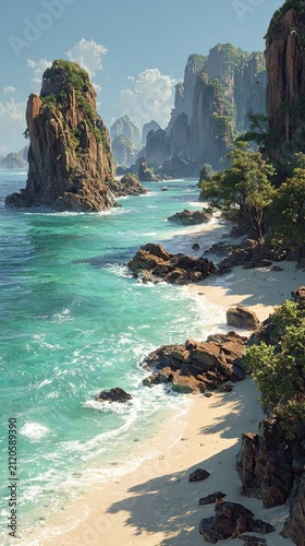 Breathtaking Rocky Coastal Scene with Turquoise Waters and Lush Vegetation under Clear Skies in Tranquil Remote Seascape