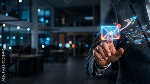 Businessman interacts with a digital email icon to manage his professional communication workflow.