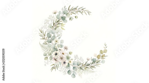 Watercolor crescent moon floral wreath with soft pastel flowers and green leaves isolated on white background