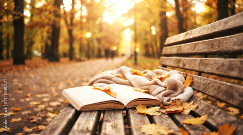 An open book and a cozy blanket on a park bench covered with autumn leaves in warm sunlight. Ideal for seasonal promotions, literature blogs, education, greeting cards, and lifestyle content.