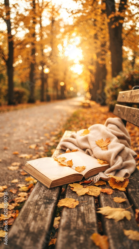 An open book and blanket on a bench with golden autumn leaves at sunset in a park. Perfect for seasonal advertising, literature blogs, educational content, greeting cards, and cozy lifestyle promotion