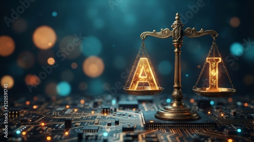 Artificial intelligence law and regulation concept with brass scales and glowing AI text.