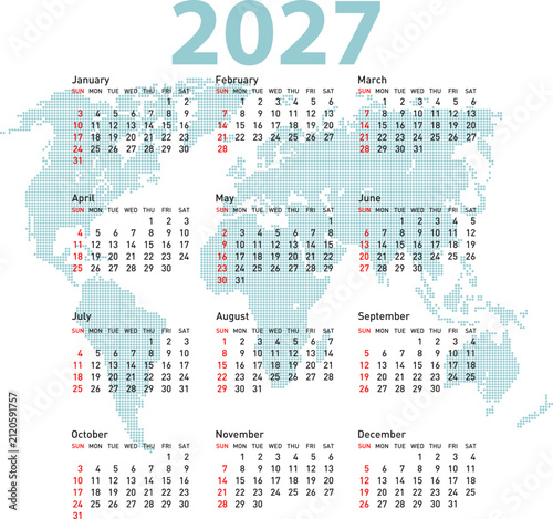 2027 calendar with world map background on white background